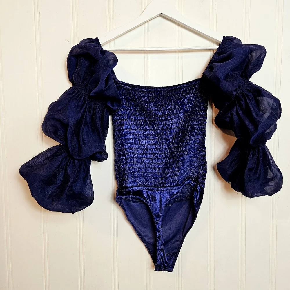 Free People Bodysuit Sz S Girls Just Wanna Velvet Smocked Puff Sleeve Navy Marin